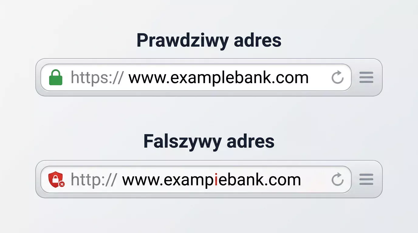 Porównanie prawdziwego i fałszywego adresu bramki płatniczej z podejrzaną literą i końcówką domeny