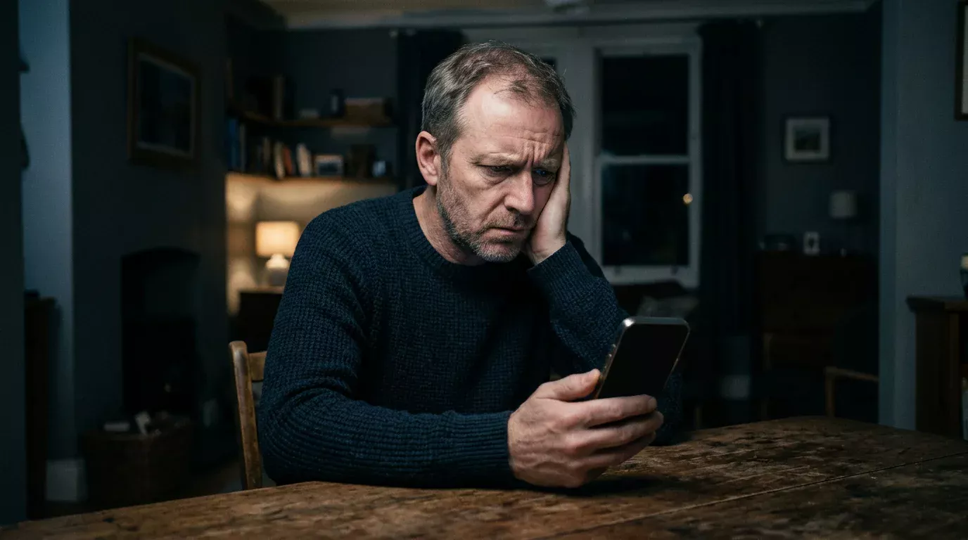 Zatroskana osoba patrząca na telefon symbolizująca ryzyko zadłużenia w grze