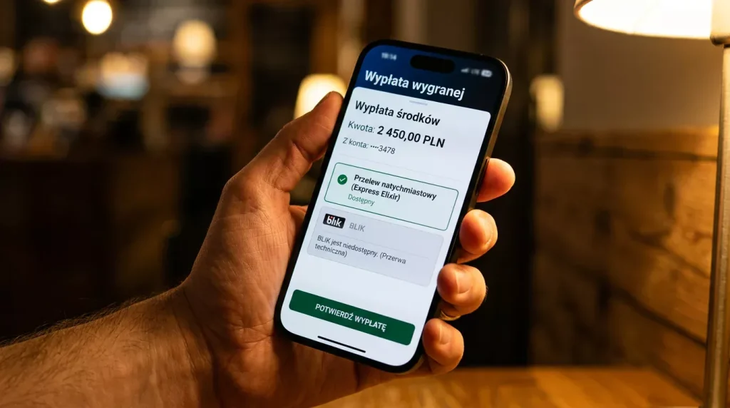 Telefon z aplikacją bankową obok symbolu braku bezpośredniej wypłaty BLIK z kasyna online